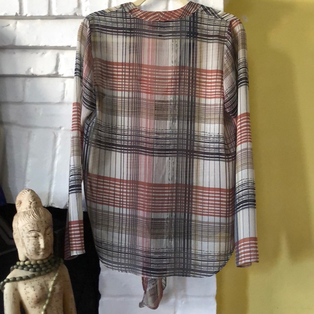 (NWOT) Karen Zambos plaid chiffon tie blouse SM - Picture 4 of 7